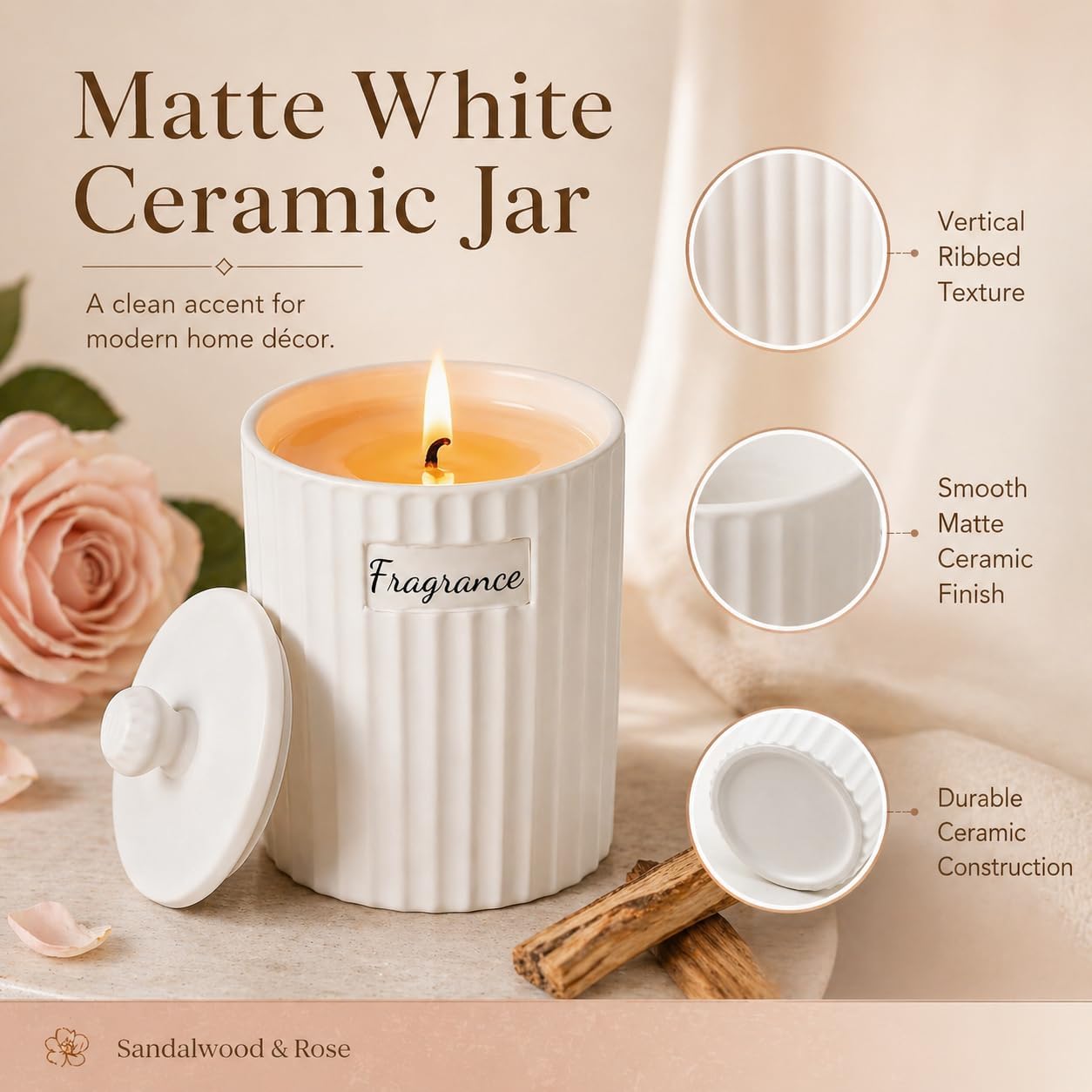 Viyffo 6.35oz Small Scented Candle – Sandalwood & Rose, Non Toxic Soy Candle for Women and Men, White Matte Ceramic Jar with Lid, Luxury Home Fragrance, Nordic Décor & Gift