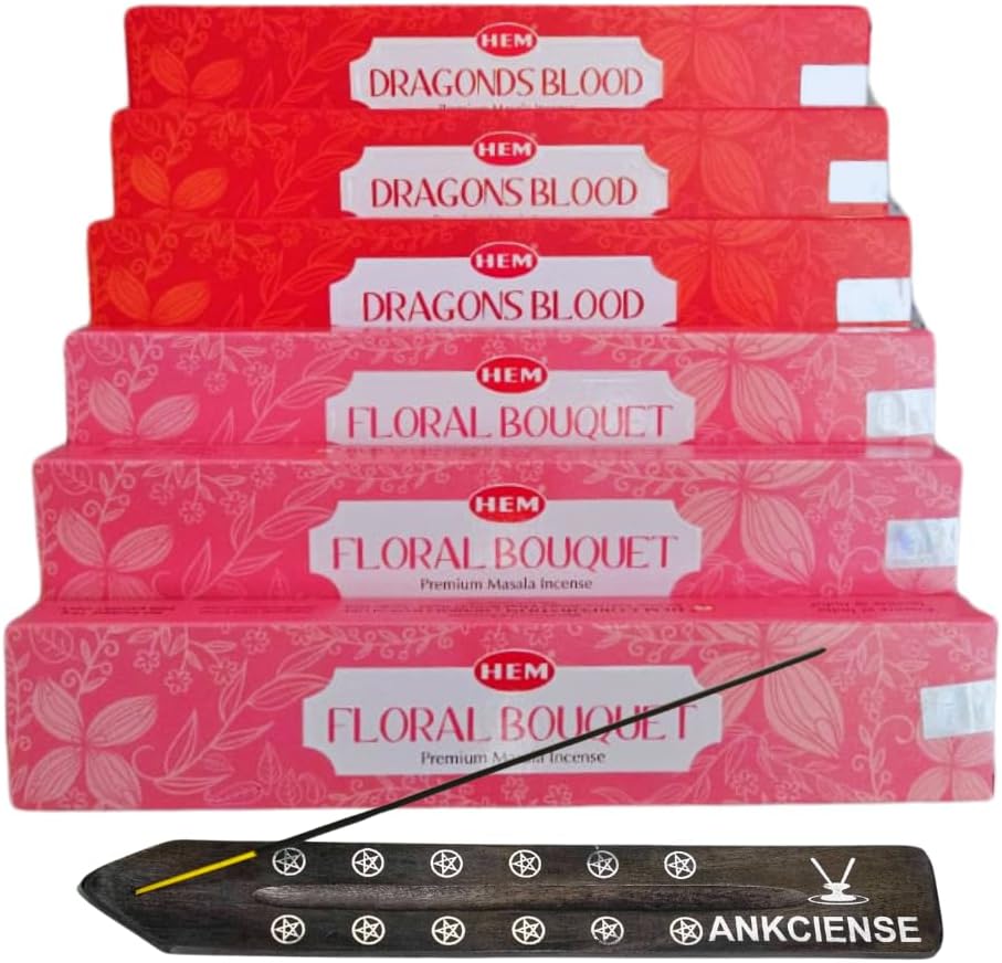 Hem Masala Incense Pack of 3 Each Fragrance, Bundled with ANKCIENSE Incense Holder (Champa & Myrhh) (Dragon Blood & Floral Bouquet)