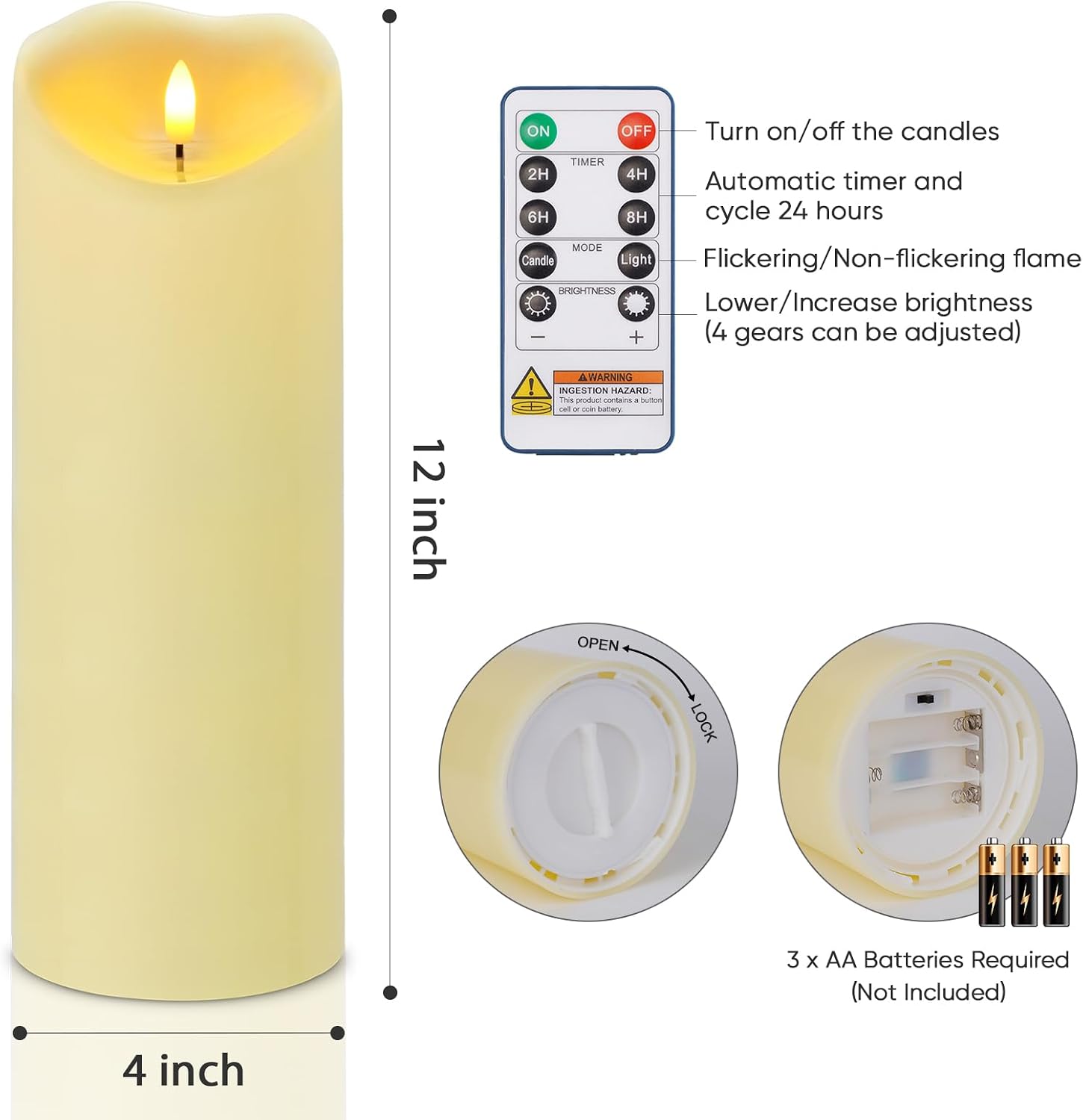 Amagic 4” x 12” Extra Large Waterproof Outdoor Flameless Candles, IP65 Water-Resistant Battery Operated with Remote and Timer, Flickering LED Pillar Candle for Outdoor Patio Porch Decor, Dark Ivory