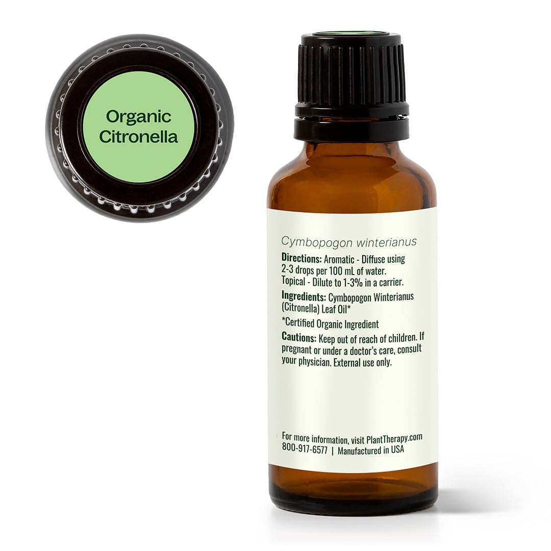 Plant Therapy Citronella Organic Essential Oil 30 mL (1 oz), 100% Pure, USDA Certified Organic, Undiluted, Natural Aromatherapy for Outdoor Pests and Immune Support
