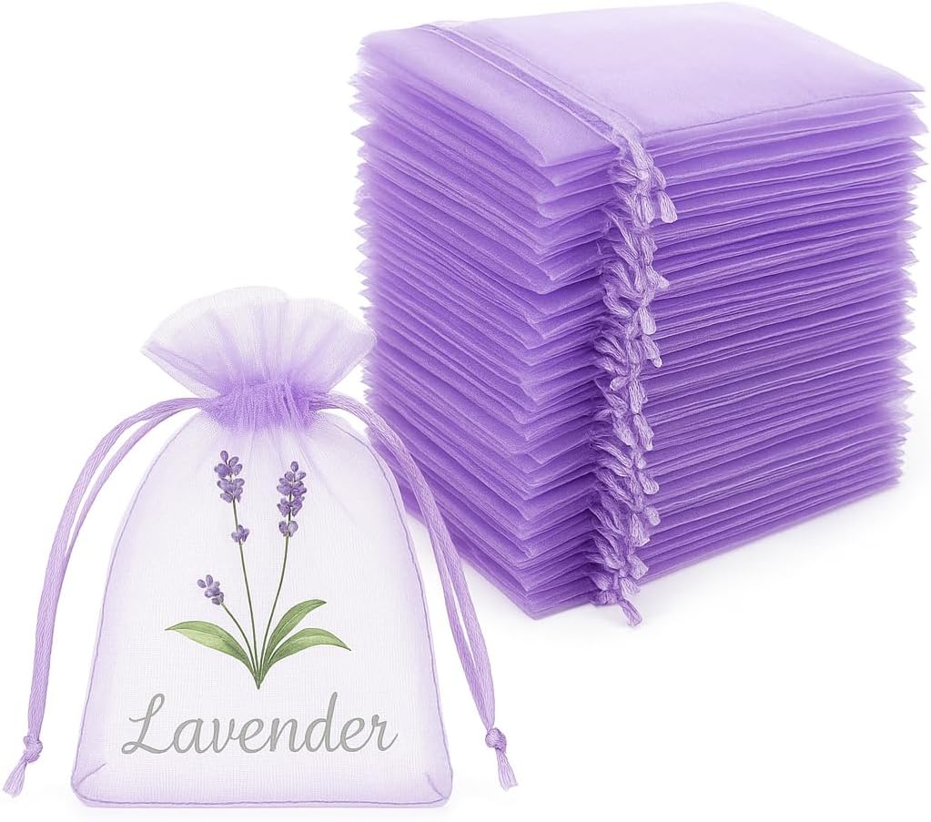 MAGICLULU 20Pcs Empty Lavender Sachet Bags - Violet Mesh Drawstring Pouches for Herbs Spices - Breathable Organza Storage Bags for Home Closet Drawer - Floral Print Small Potpourri Packets