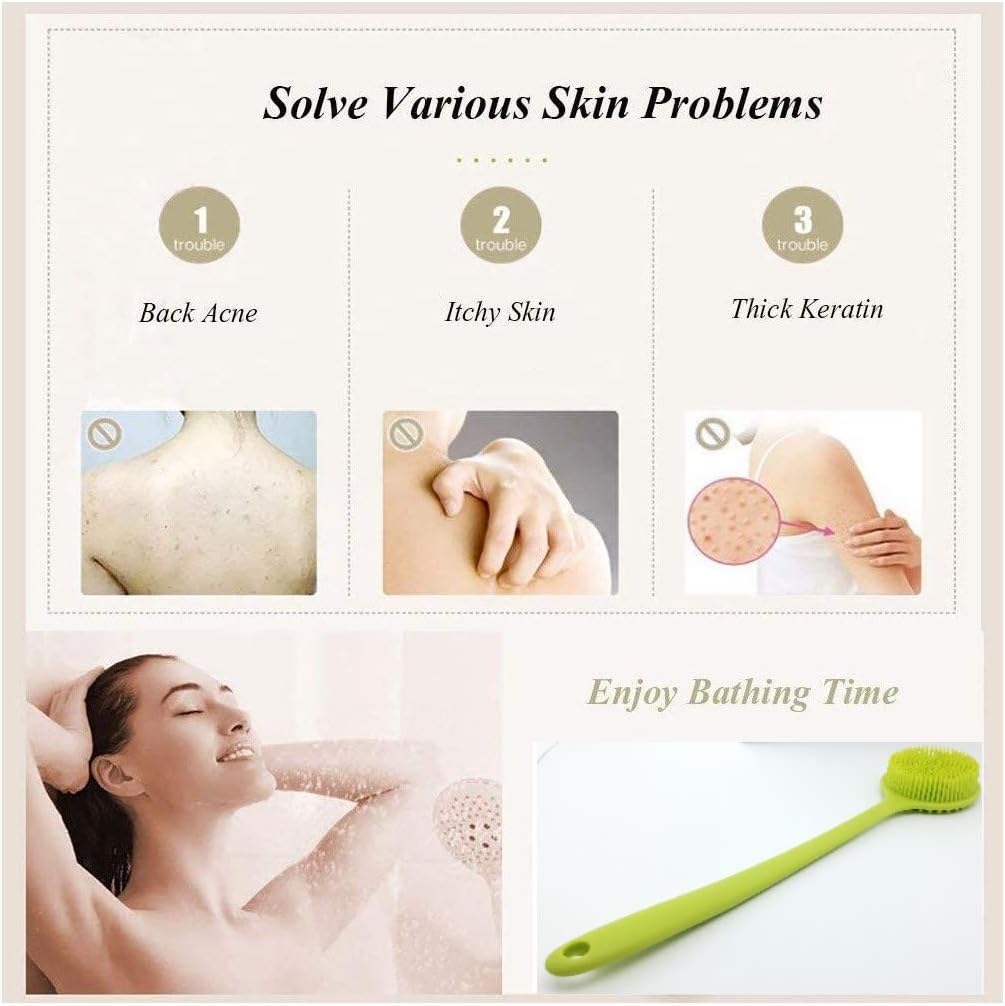 Long Handle Silicone Body Scrubber for Shower, Dual-Sided Back Scrubber Brush with Soft Bristles&Massage Nodes, Exfoliating Bath Brush for Hard to Reach Areas, Easy to Clean & Quick Dry, for Daily Use
