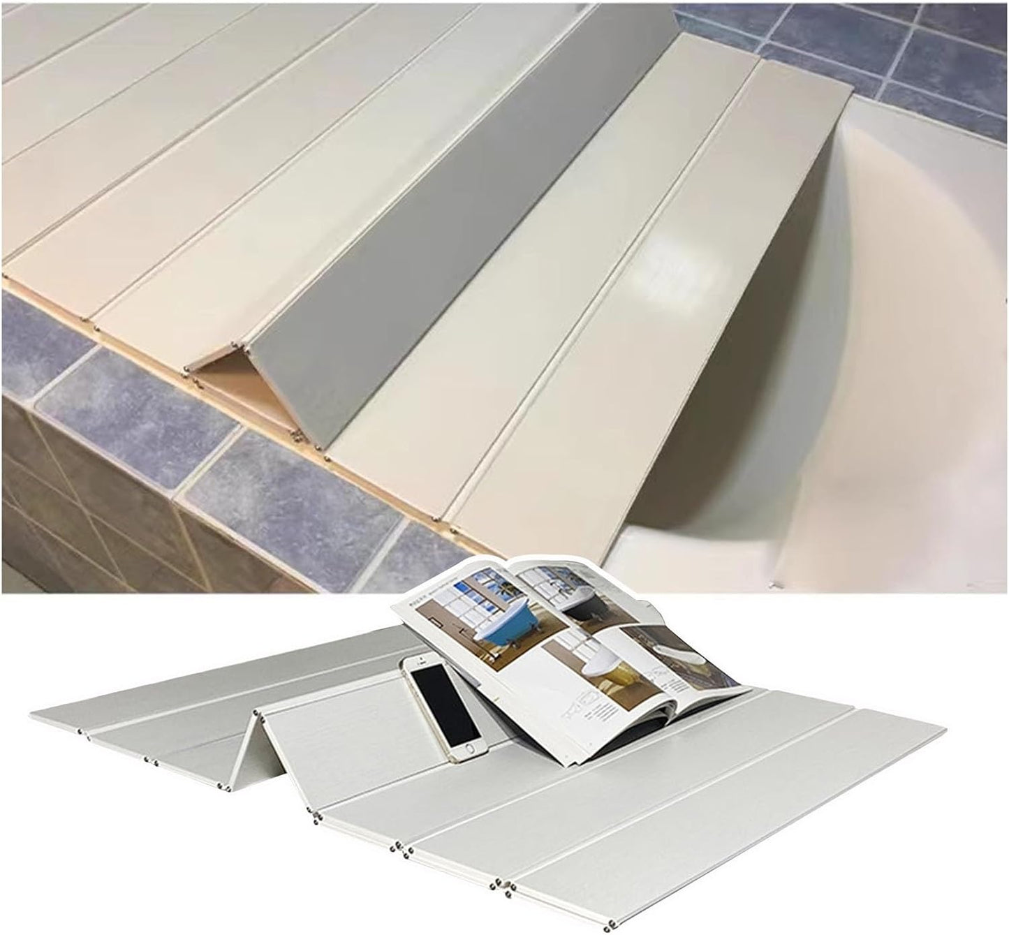 Bathtub Tray Folding Bathtub Caddy Tray Dust-Proof Bathtub Cover, PVC Insulation Cover Shutter Bath Lid Dust Board Bath Tub Accessories, 0.6cm Thickness 22 Size Multifunctional (Color : Whit