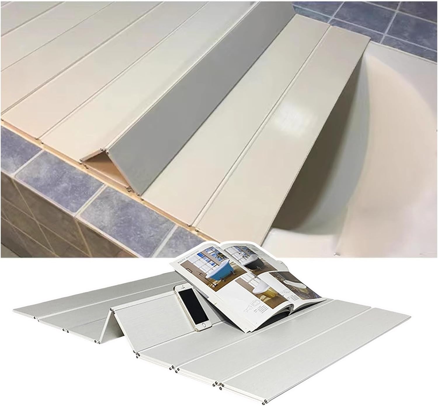 Bathtub Tray Folding Bathtub Caddy Tray Dust-Proof Bathtub Cover, PVC Insulation Cover Shutter Bath Lid Dust Board Bath Tub Accessories, 0.6cm Thickness 22 Size Multifunctional (Color : Whit