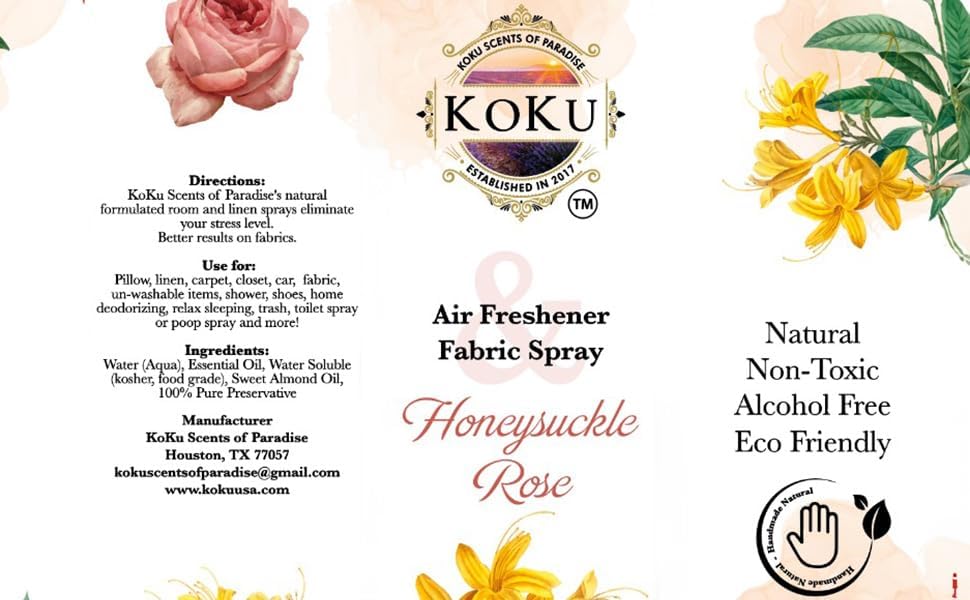 Honeysuckle Rose Air Freshener - Room Spray - Odor Eliminator - Deodorizer - Car Air Freshener - Home Spray - Linen Spray - Fabric Refresher - Non-Toxic - Alcohol Free - Made in USA (4 Oz)