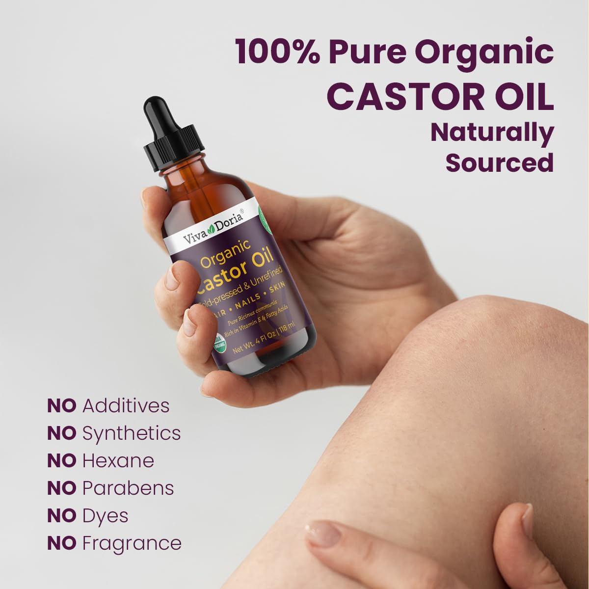 Viva Doria Organic Castor Oil, 4 Fl Oz | Virgin, Cold Pressed, Hexane-Free, Vegan | Nourishing Hair & Skin Care | Eyelash & Brow Serum | Glass Bottle with Dropper Top