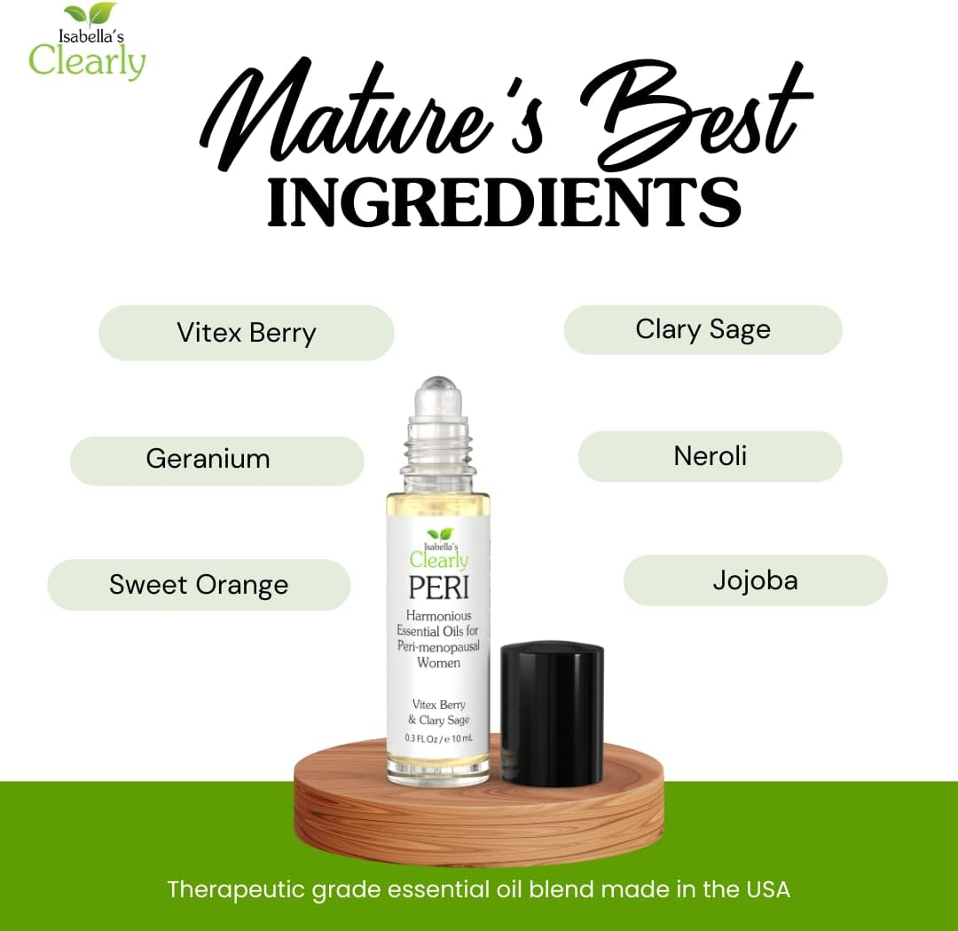 PERI Essential Oil Roll-On for Women | Natural Aromatherapy Blend for Balance, Mood, Drive and Energy with Vitex Berry, Clary Sage, Geranium, Neroli, Orange, and Jojoba