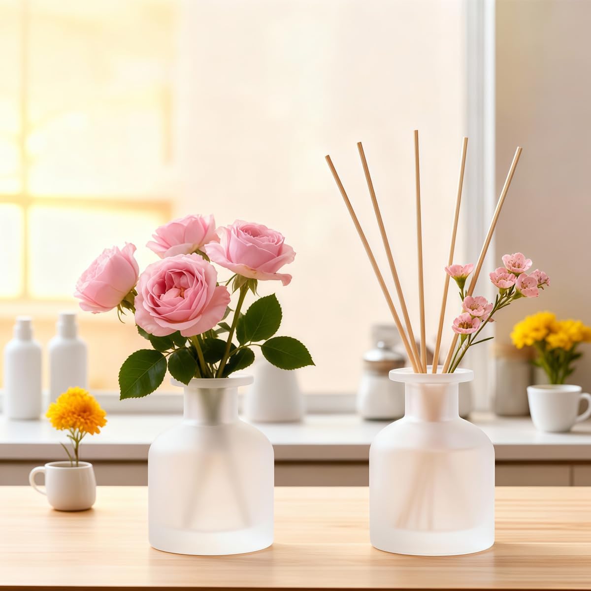 150ML/5OZ Empty White Frosted Glass Diffuser Bottles Refillable Aromatherapy Jars Essential Oil Perfume Storage Container DIY Fragrance Reed Diffuser Holders Accessories