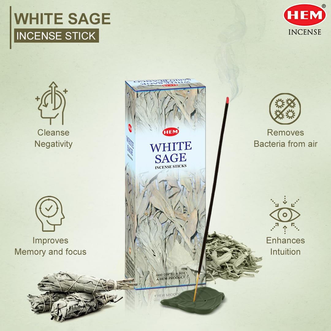 HEM White Sage Incense Sticks - 100 Count | Natural Air Purifying Aromatherapy | Calming and Cleansing Fragrance | Perfect for Meditation and Relaxation | Long-Lasting Burn