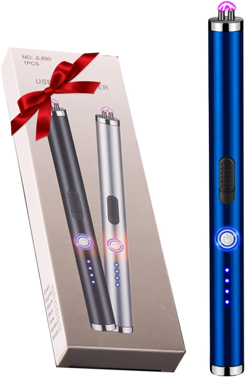 Candle Lighter Rechargeable Dual Arc Plasma Lighter for Kitchen, Windproof Long Lighter with LED Power Display, USB Lighters for Candle, BBQs, Fireworks, Camping (Blue)
