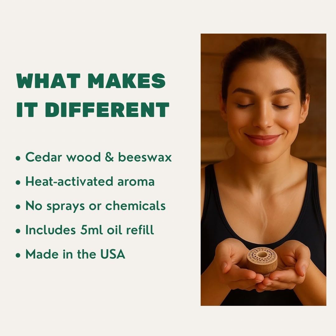 Sauna Freshener with Essential Oil Refill – Handmade Cedar Wood Diffuser – Breathe & Restore Scent – Eucalyptus, Peppermint & Tea Tree – Heat-Activated Aromatherapy for Sauna – Made in USA
