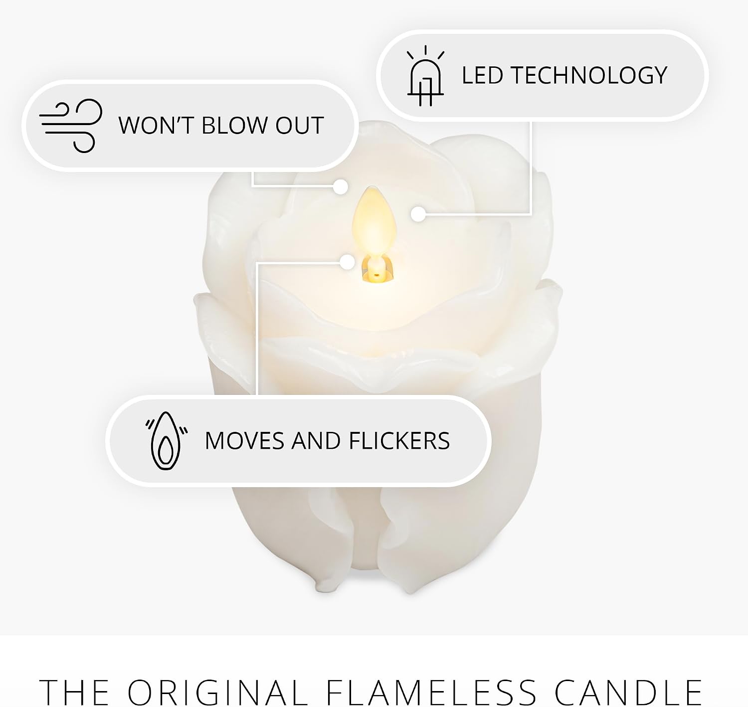 Luminara Snow White Rose Flameless Candle - 3.6" x 4.3" Rosebud Pillar - Real Flame Technology w/Flickering LED Light - Perfect for Mother's Day
