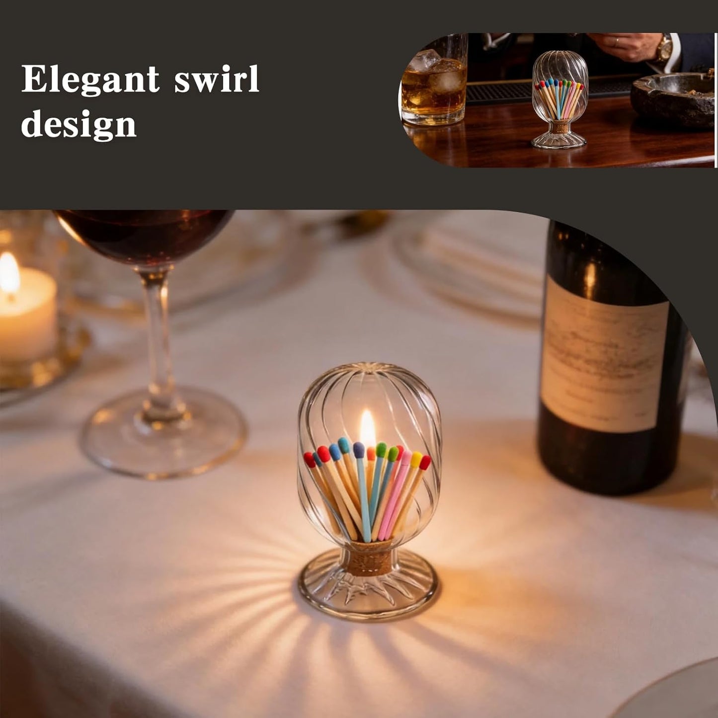 Clear Glass Match Holder Jar with Swirl Pattern, Decorative Match Storage Bottle with Cork Lid & Footed Base for Home & Bar