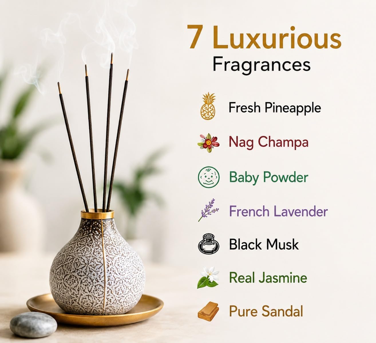 Incense Sticks Variety Pack 7 Luxury Fragrances - Nag Champa, French Lavender, Jasmine, Sandalwood, Pineapple, Black Musk, Baby Powder Incense for Meditation, Yoga & Home Aroma, Krishnascents