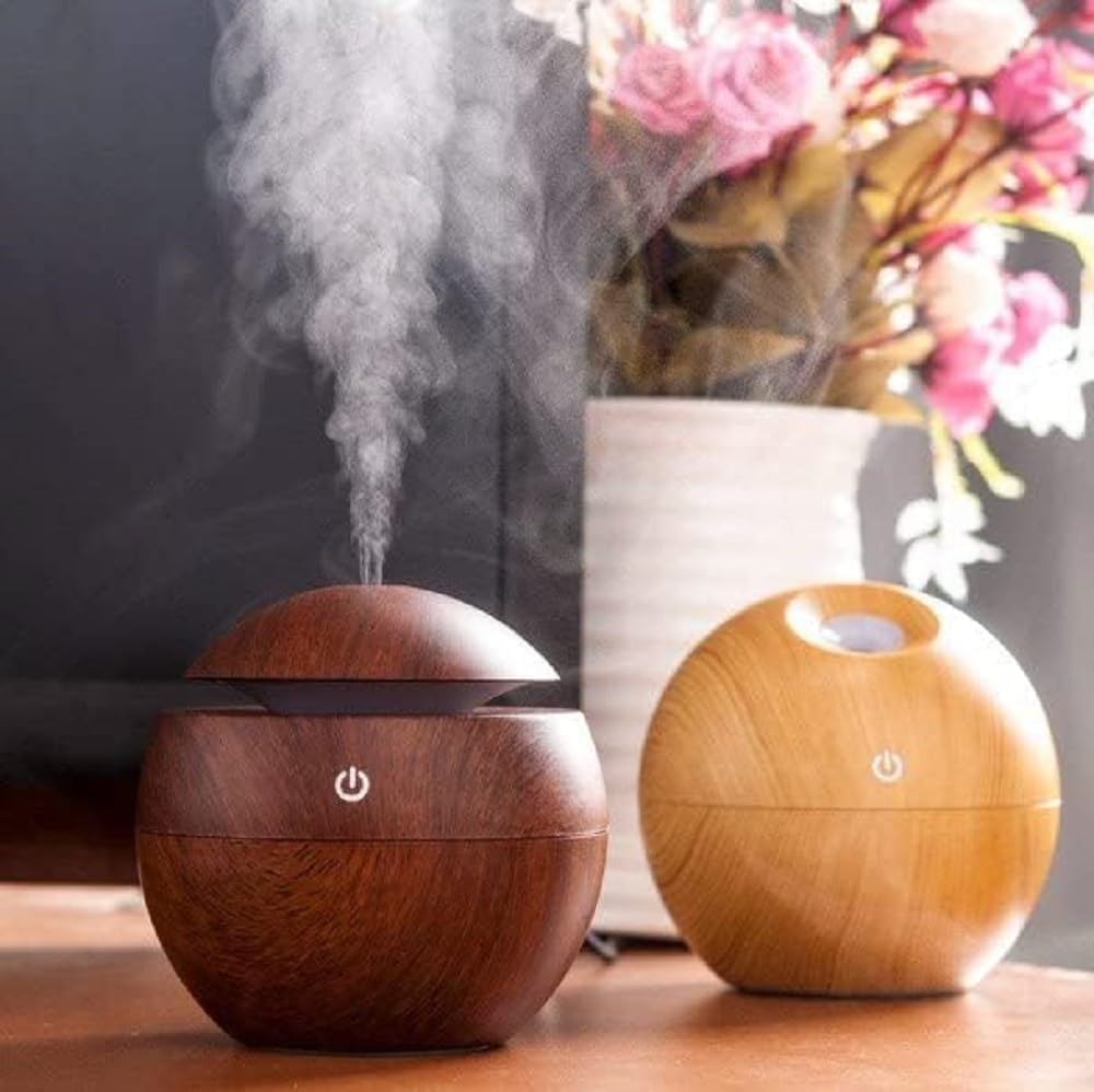Aroma Essential Oil Diffuser Humidifier, Wood Grain Design, USB Powered, LED Light Ring, 300ml Capacity, 3.9 x 5.2 in