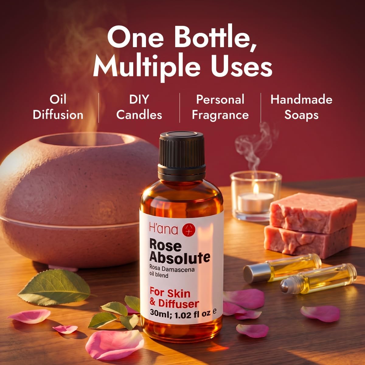 H'ana 100% Pure Rose Essential Oil for Aromatherapy- 1.02 Fl Oz