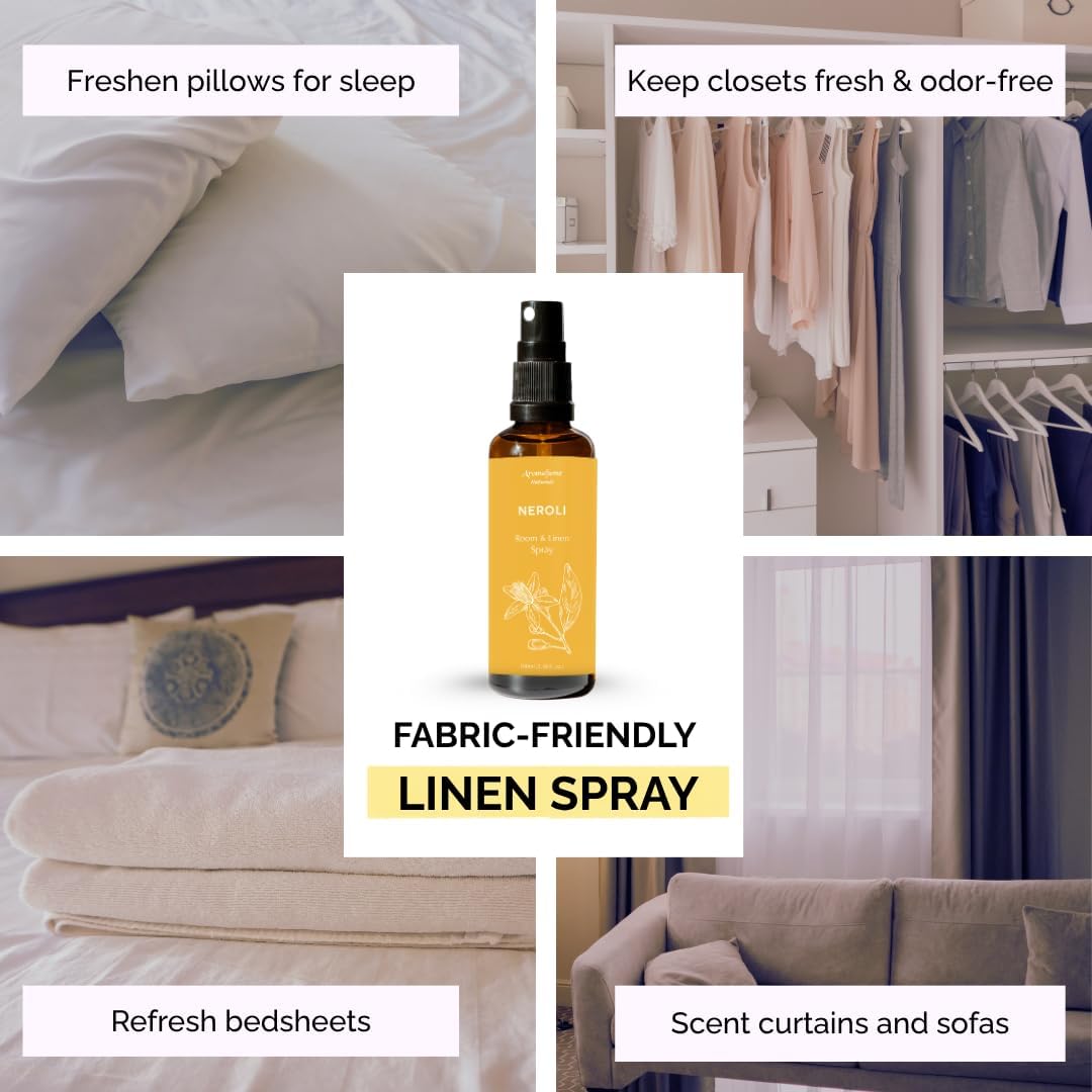 Neroli Room, Linen & Pillow Spray by Aromafume | 100ml / 3.38 fl oz | with Pure Neroli Essential Oil | Aromatherapy Spray for Upliftment, Positivity | Mist for Bedding, Fabrics | Air Freshener