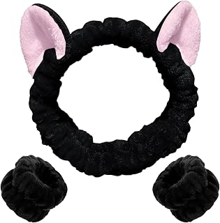 WHAVEL 3PCS Spa Headband and Wristband Set, Cute Cat Ears Headband for Washing Face Makeup Head band(Black)