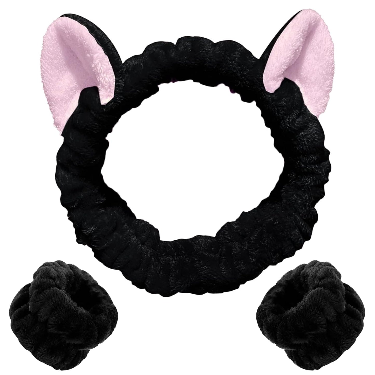 WHAVEL 3PCS Spa Headband and Wristband Set, Cute Cat Ears Headband for Washing Face Makeup Head band(Black)