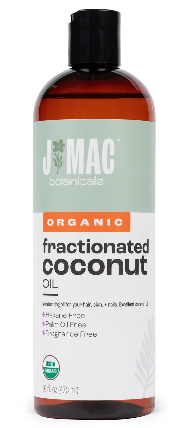 J MAC BOTANICALS, Organic Fractionated Coconut Oil (16 Oz.) Carrier oil for diluting essential oils, leave in conditioner for dry damaged hair, skin, massage
