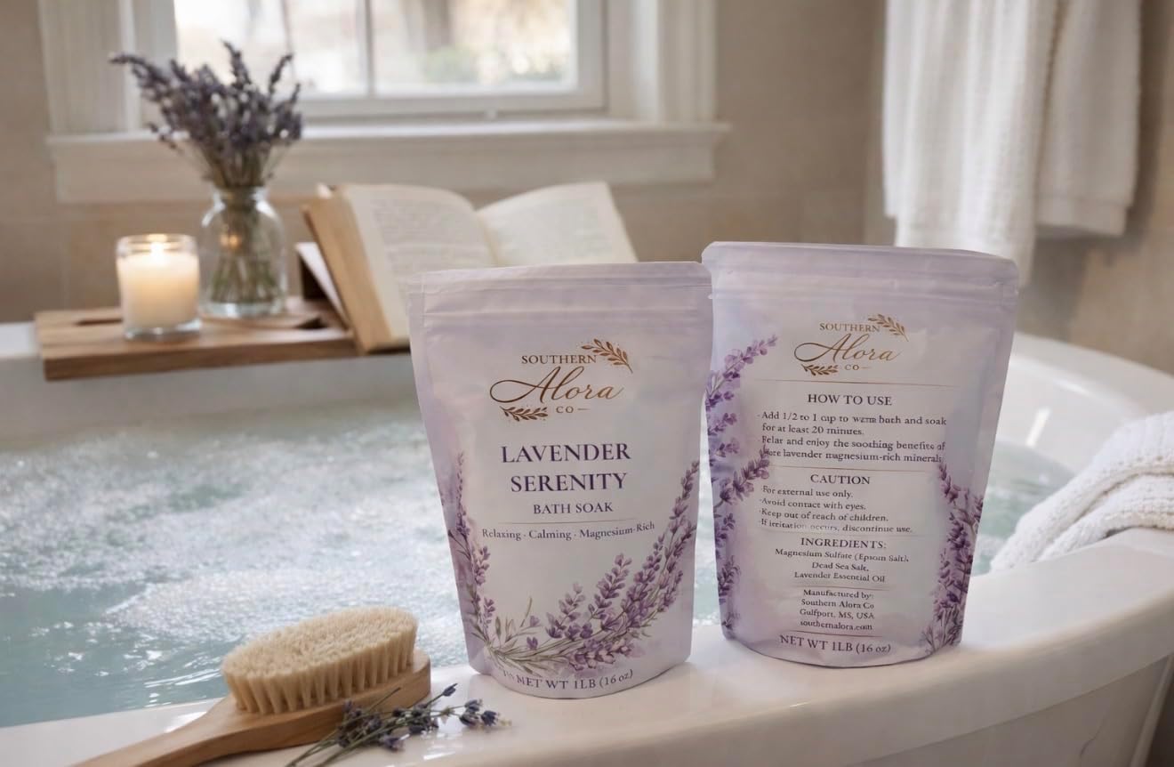 Southern Alora Lavender Bath Salts – Epsom Salt & Magnesium Bath Soak for Women Relaxing, Aromatherapy Mineral Spa Soak for Stress Relief, Muscle Recovery & Self Care