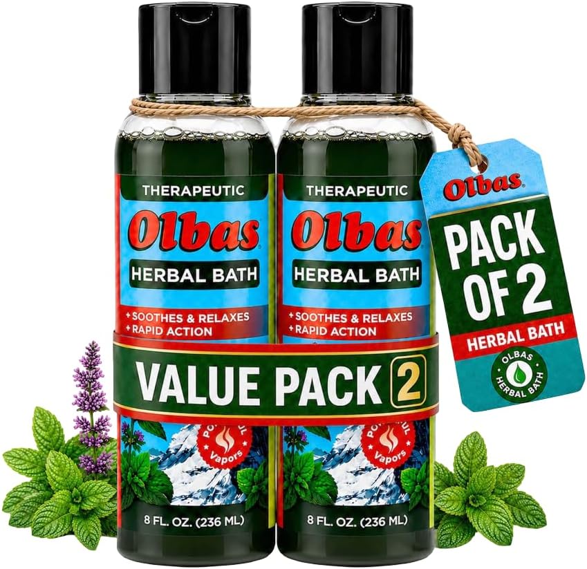 Olbas Herbal Bath 2 Pack, 8 fl oz (236 ml) Sore Muscle Bath Soak & Natural Muscle Relaxer Bath, Each Aromatic Swiss Formula with Essential Oils & Chlorophyll, Relaxing Bubble Bath for Men