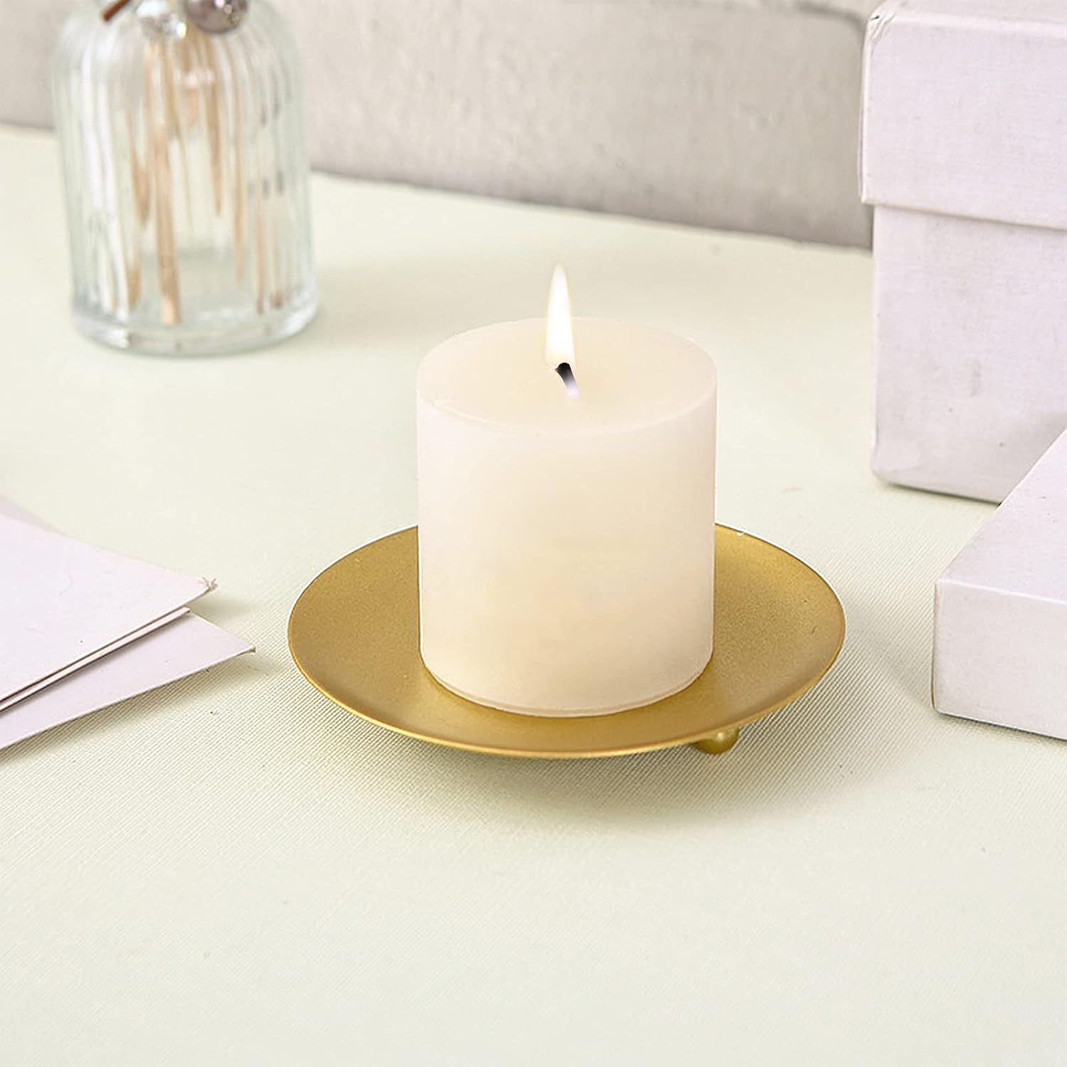 Candle Holder Decorative Iron Plate,Candle Stand for LED & Wax Candles,Spa,Bathroom,Weddings,4.33x0.78inch,Set of 4 (Gold)
