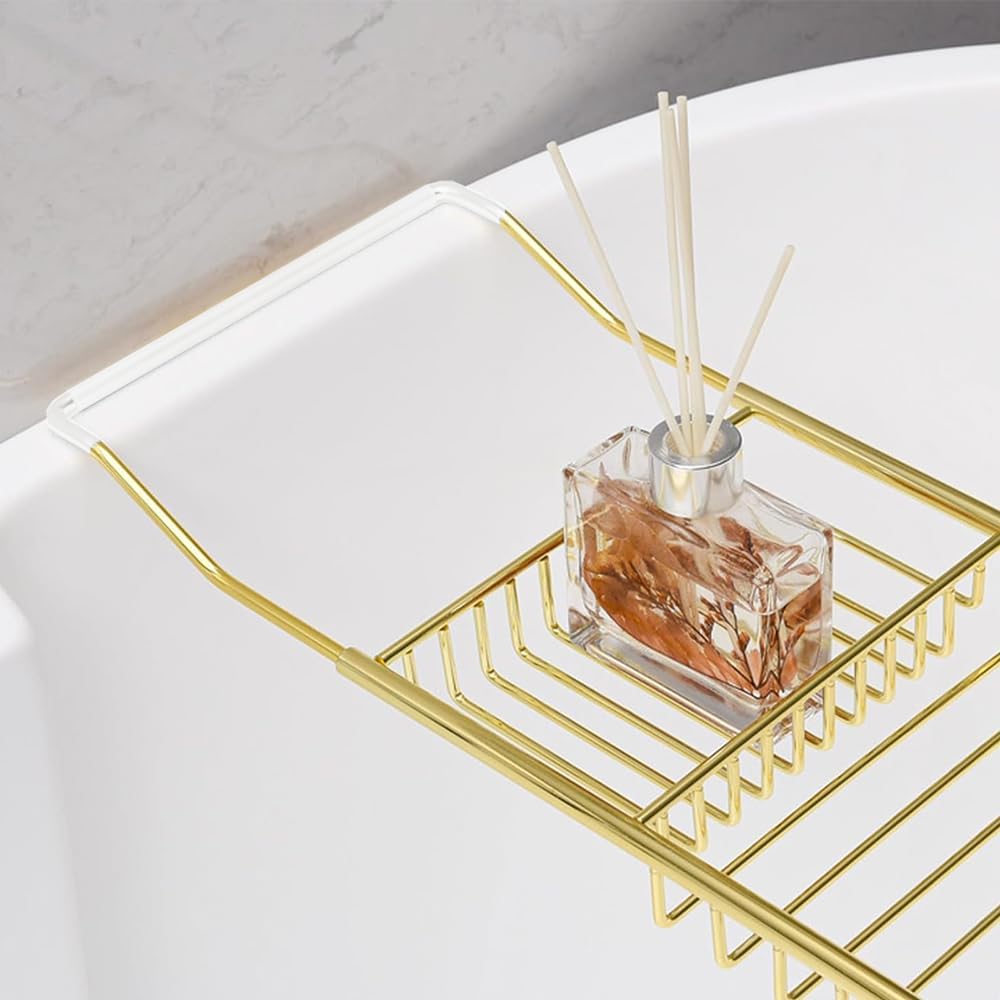 Bathtub Tray,Stainless Steel Shower Bathtub Caddy Tray with Removable Book Holder Red Wine Rack Holder, for Home Kitchen Bathroom,Gold