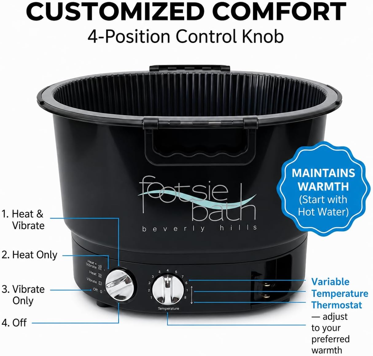 Footsie Bath™ Beverly Hills Professional Pedicure Foot Spa with Disposable Liners – Ultra-Sonic Vibration, Variable Temperature Thermostat & 30-Min Timer – 5 Liners & Carrier Basket Included