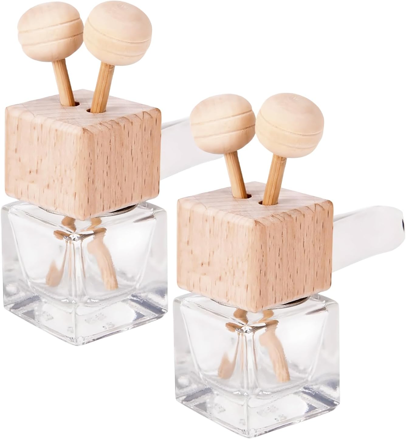 2PCS Car Diffuser Air Freshener Bottle, Refillable Empty Perfume Diffuser Vent Clip with Wooden Cap, Universal Essential Oil Glass Bottle Fragrance Ornament for Most Vehicles