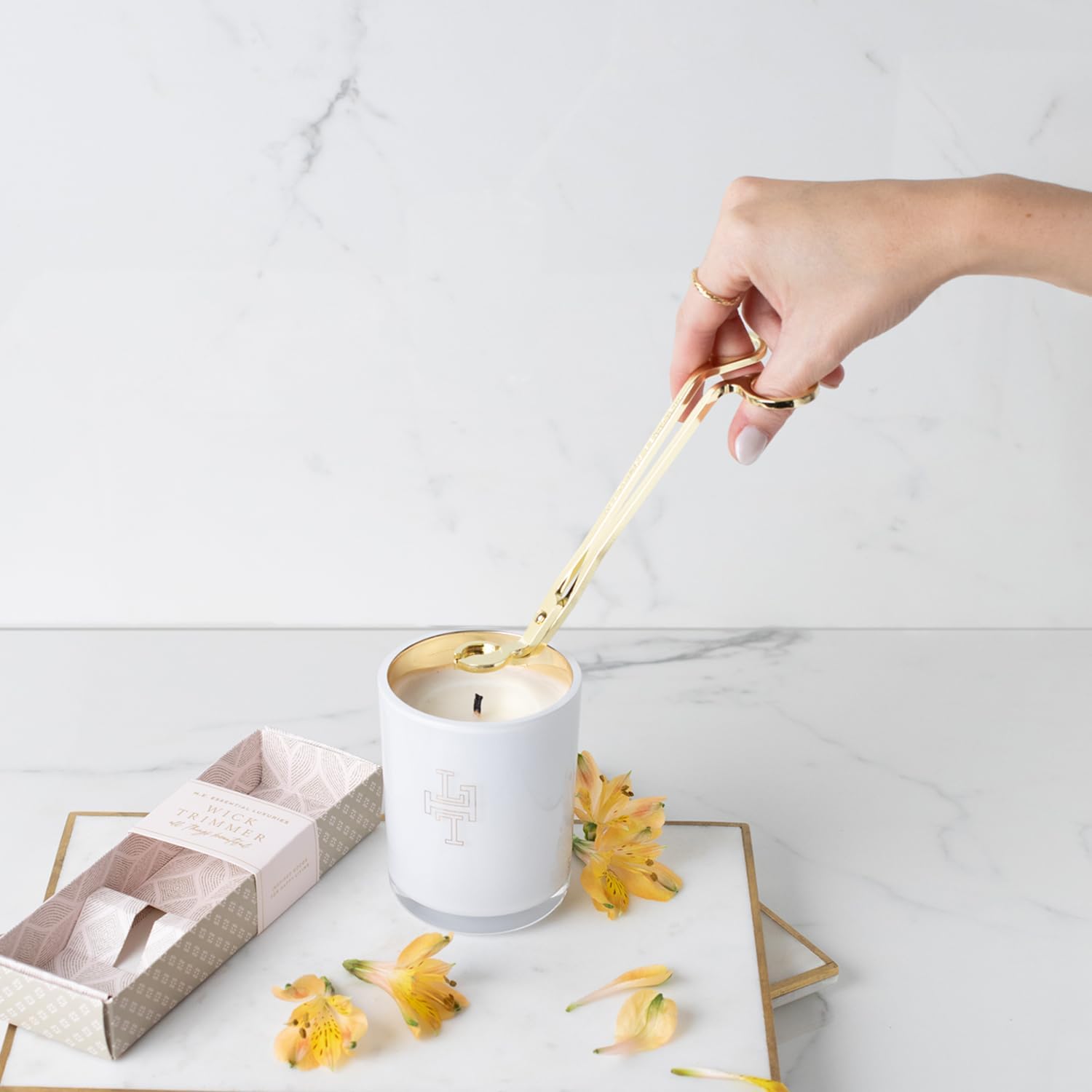 Lollia Essential Luxuries Wick Trimmer, Golden Candle Accessory Embossed with “All Things Beautiful”, Elegant Candle Wick Cutter, Candle Scissors for Longer Burn & Clean Candle