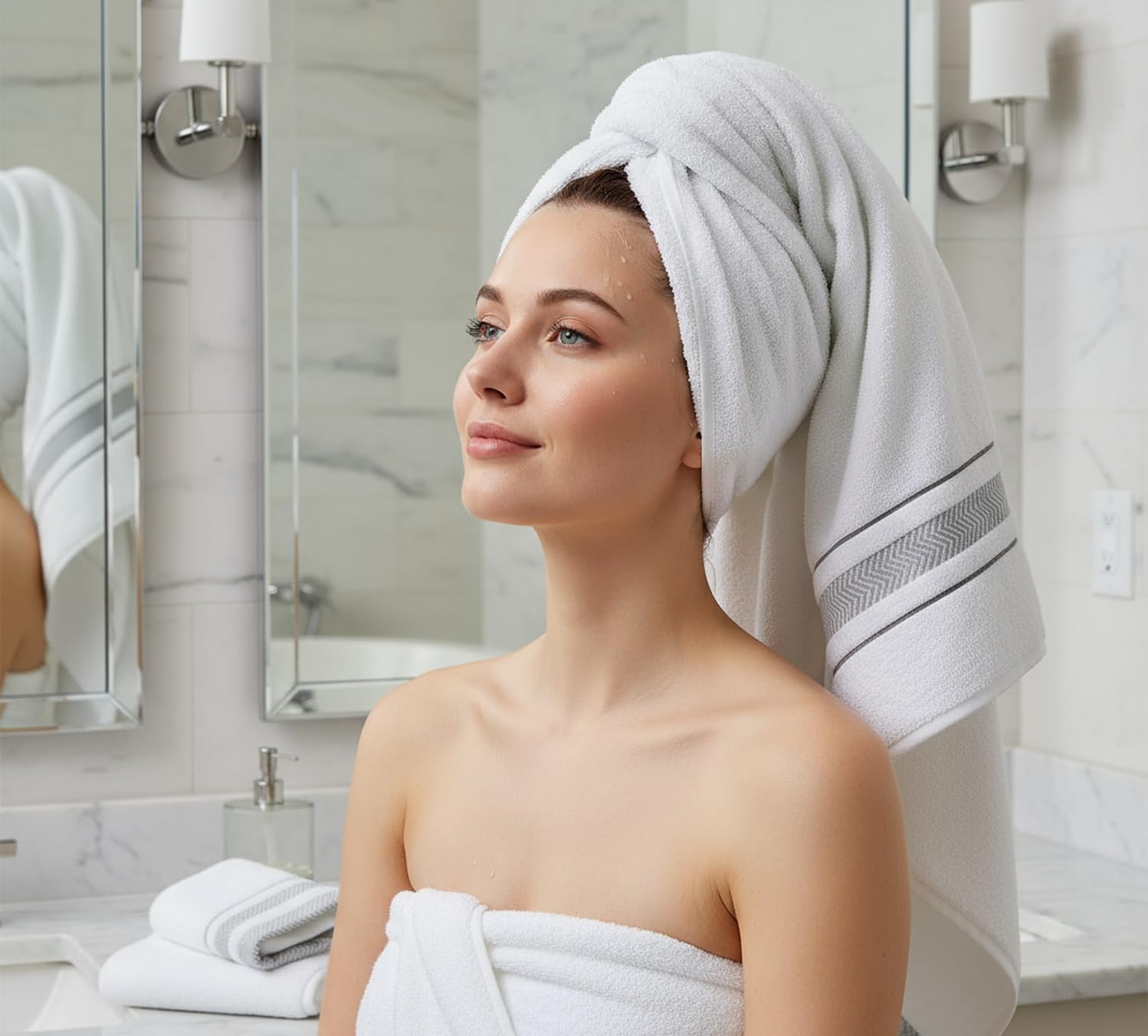 Bath Towels Set for Bathroom – Luxury 6-Piece Cotton Towels, Soft Absorbent & Quick Dry, 600 GSM Bath Towels for Bathroom, Hotel Spa Quality (2 Bath, 2 Hand, 2 Washcloths, White Grey Stripe)
