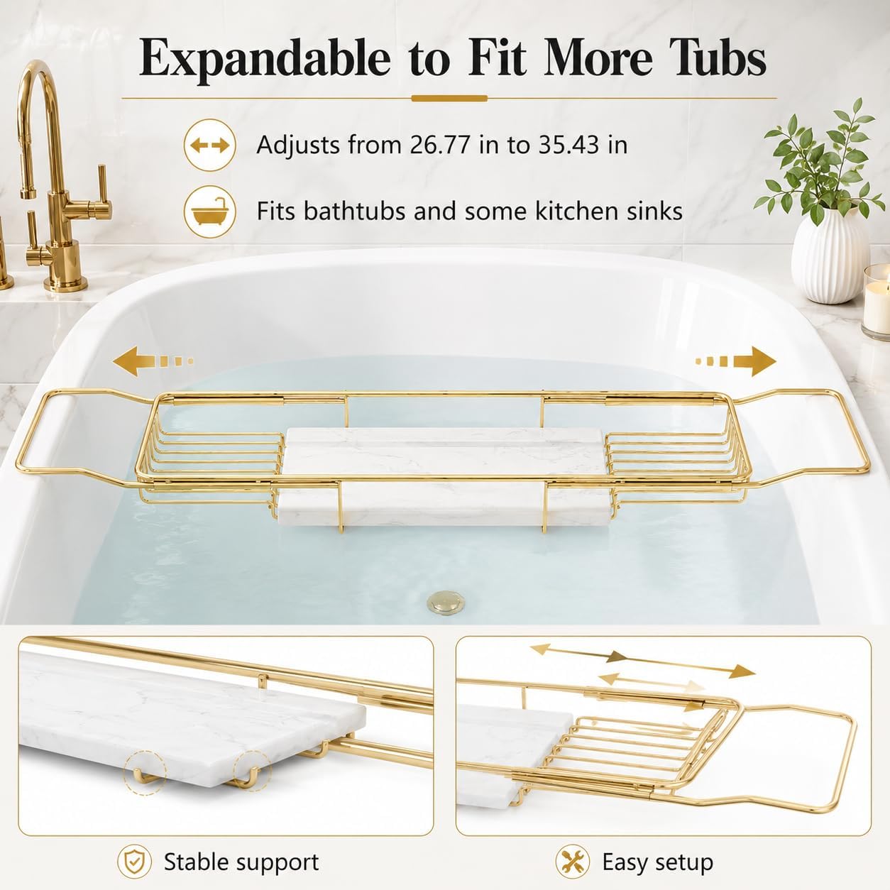 Expandable Bathtub Tray, Stainless Steel Bath Table Tray with Marble Board, Modern Luxury Bathtub Shelf for Bathrooms, Kitchen Sink (Gold + White)