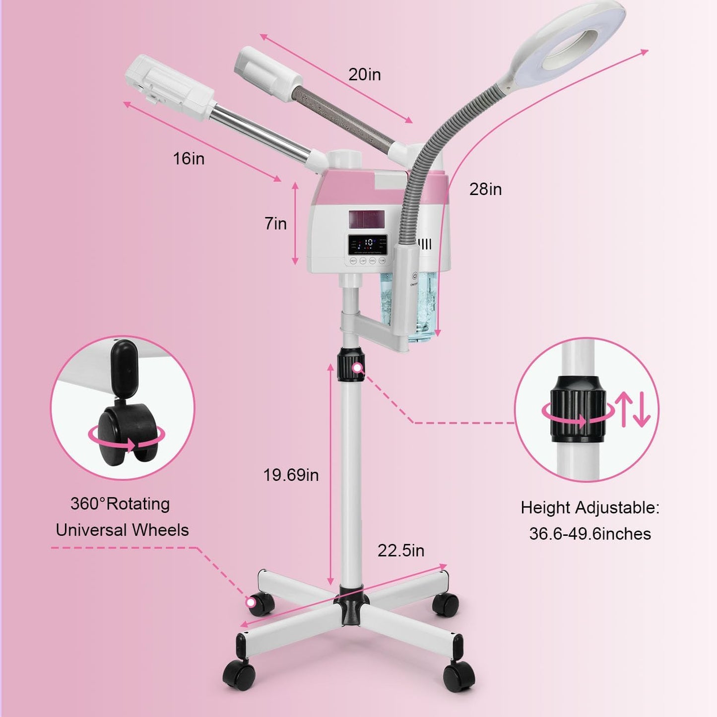 Professional Facial Steamer, 3 in 1 Facial Steamer with 5X Magnifying Lamp Hot&Cool Mist, Esthetician Steamer on Wheels, Stand Face Steamer with Time Setting for Home Salon Spa