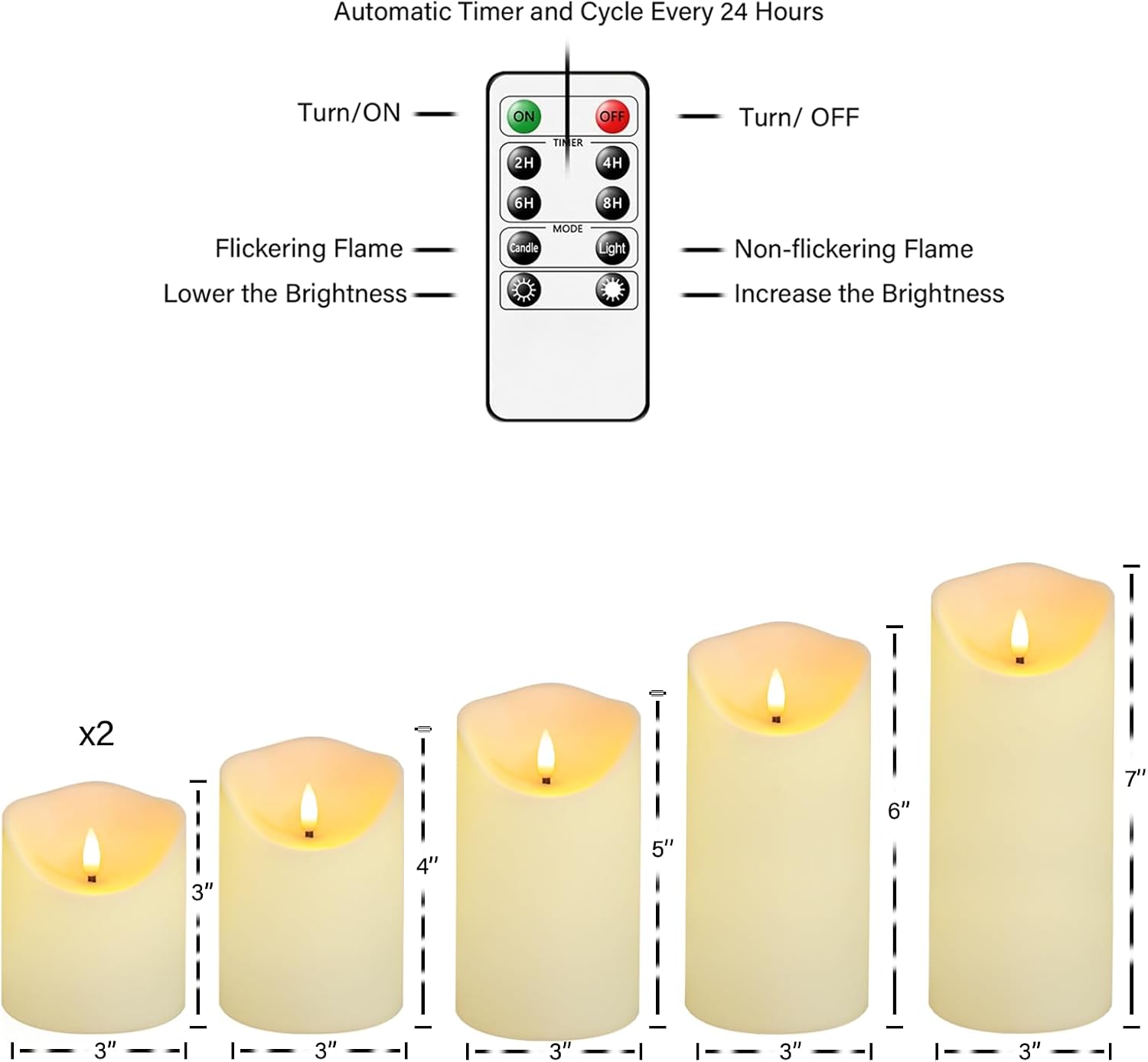 Fo32won Flameless Flickering Candles with Remote Timer, Set of 6 Ivory Led Battery Operated Candles for Home Decor Xmas Halloween (D3 x H3 3" 4" 5" 6" 7")