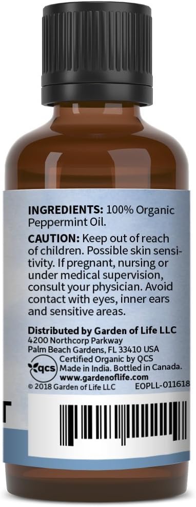 Garden of Life Essential Oil, Peppermint 1 fl oz (30 mL), 100% USDA Organic & Pure, Undiluted & Non-GMO - for Diffuser, Aromatherapy, Meditation - Energizing, Invigorating, Refreshing, Uplifting