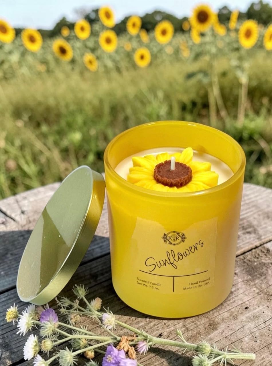 K_R Sunflowers Scented Candle, Hand Poured para-Soy Wax, Glass Jar with Metal lid. Gift Box Included.
