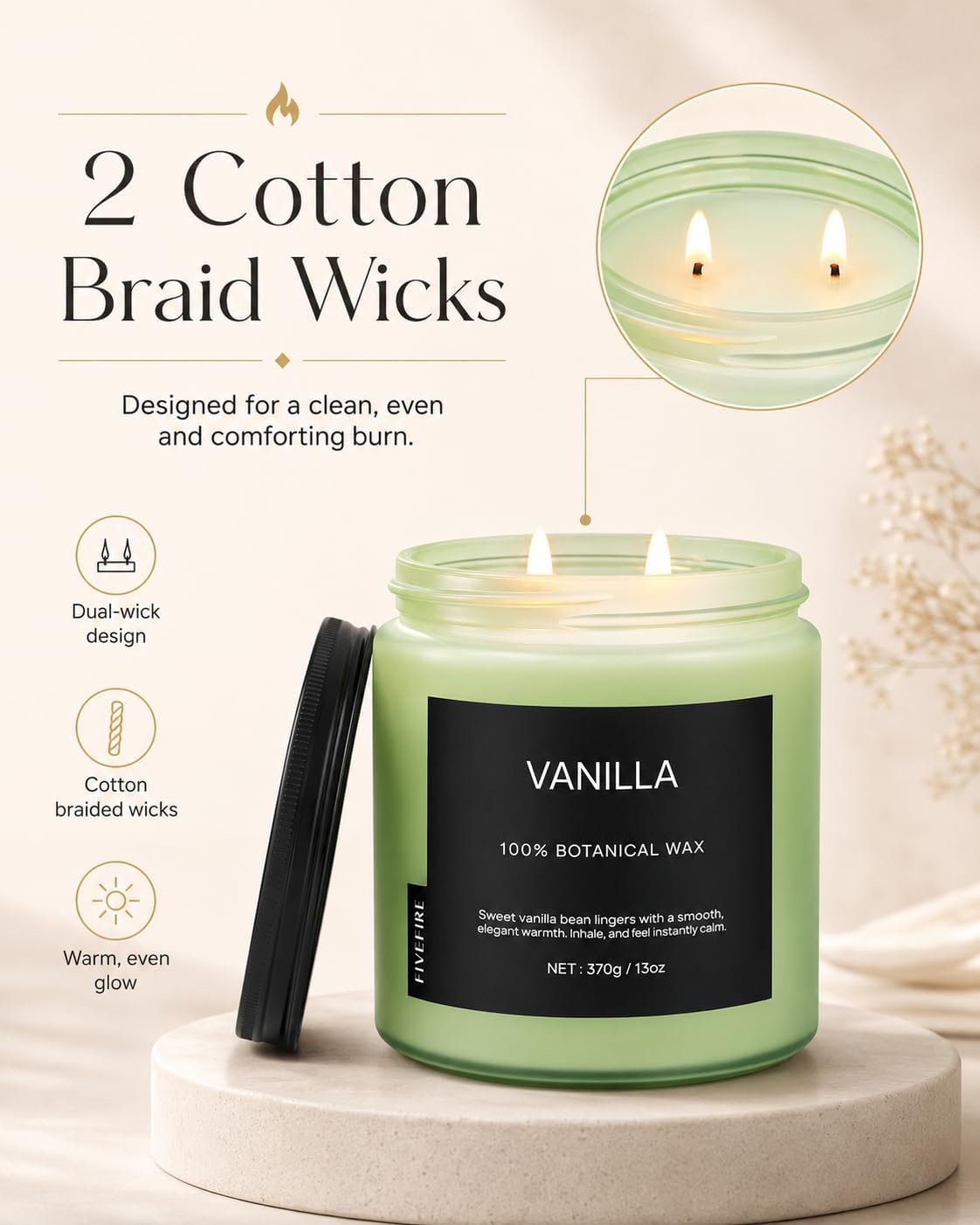 Vanilla Scented Candle, 13oz Soy Wax Candle, 70–80 Hour Burn Time, Warm & Sweet Home Fragrance, Cozy Candle for Relaxation, Gift for Women Men, Bedroom & Self Care Use