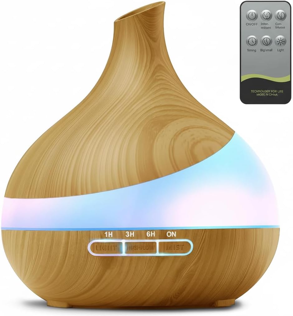 500ML Essential Oil Diffuser, Aroma Diffuser with Remote Control and 14 Colors LED Night Light, Quiet Cool Mist Humidifier for Bedroom Home Office Yoga Spa, Timer & Auto Shut-Off