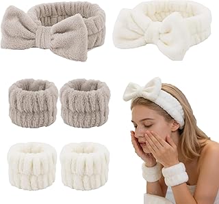 Casoty 6PCS Spa Headband and Wristbands Set,Soft Microfiber Makeup Headband with Bow & Absorbent Wrist Bands,Skincare Hair bands for Women Girls Face Washing Yoga Makeup Self-Care Gifts ﻿
