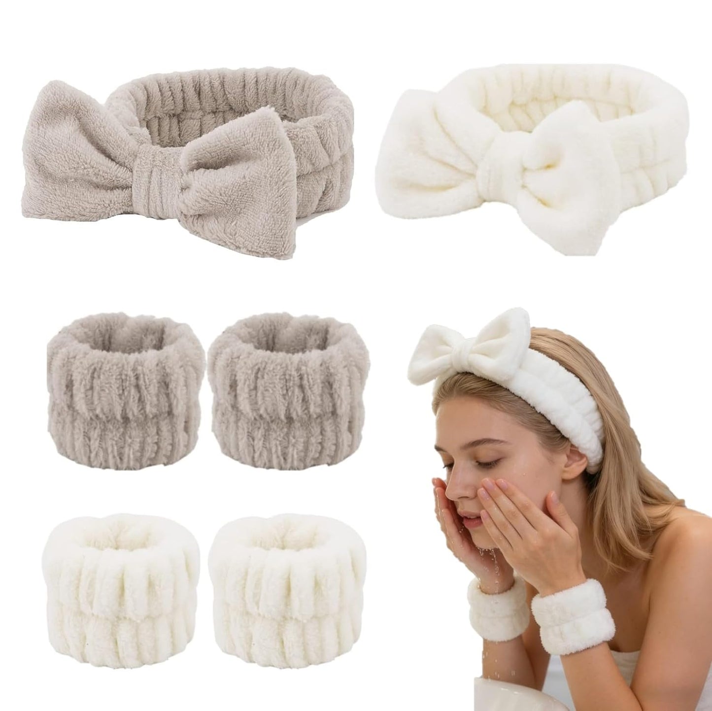 Casoty 6PCS Spa Headband and Wristbands Set,Soft Microfiber Makeup Headband with Bow & Absorbent Wrist Bands,Skincare Hair bands for Women Girls Face Washing Yoga Makeup Self-Care Gifts ﻿
