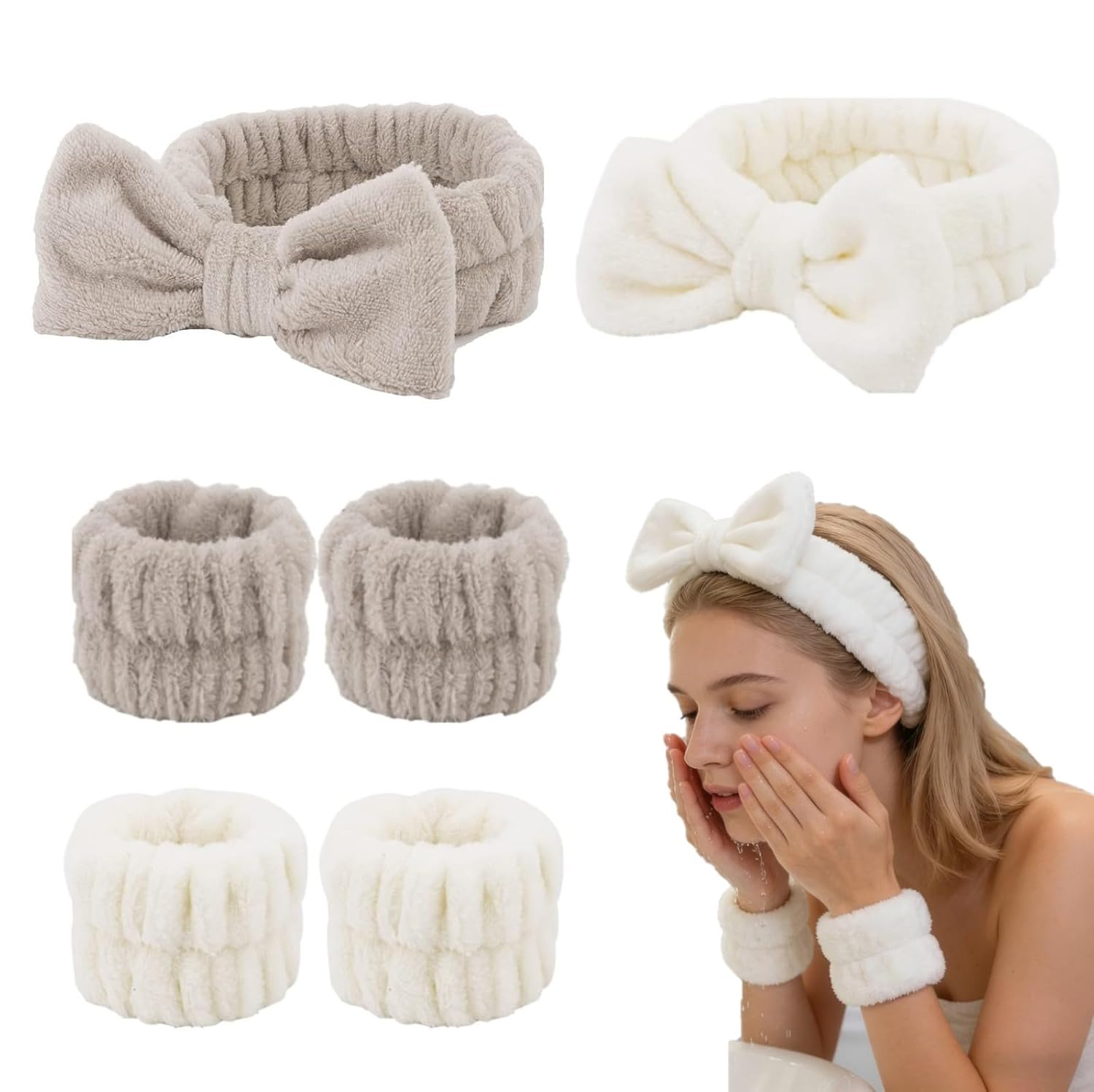 Casoty 6PCS Spa Headband and Wristbands Set,Soft Microfiber Makeup Headband with Bow & Absorbent Wrist Bands,Skincare Hair bands for Women Girls Face Washing Yoga Makeup Self-Care Gifts ﻿