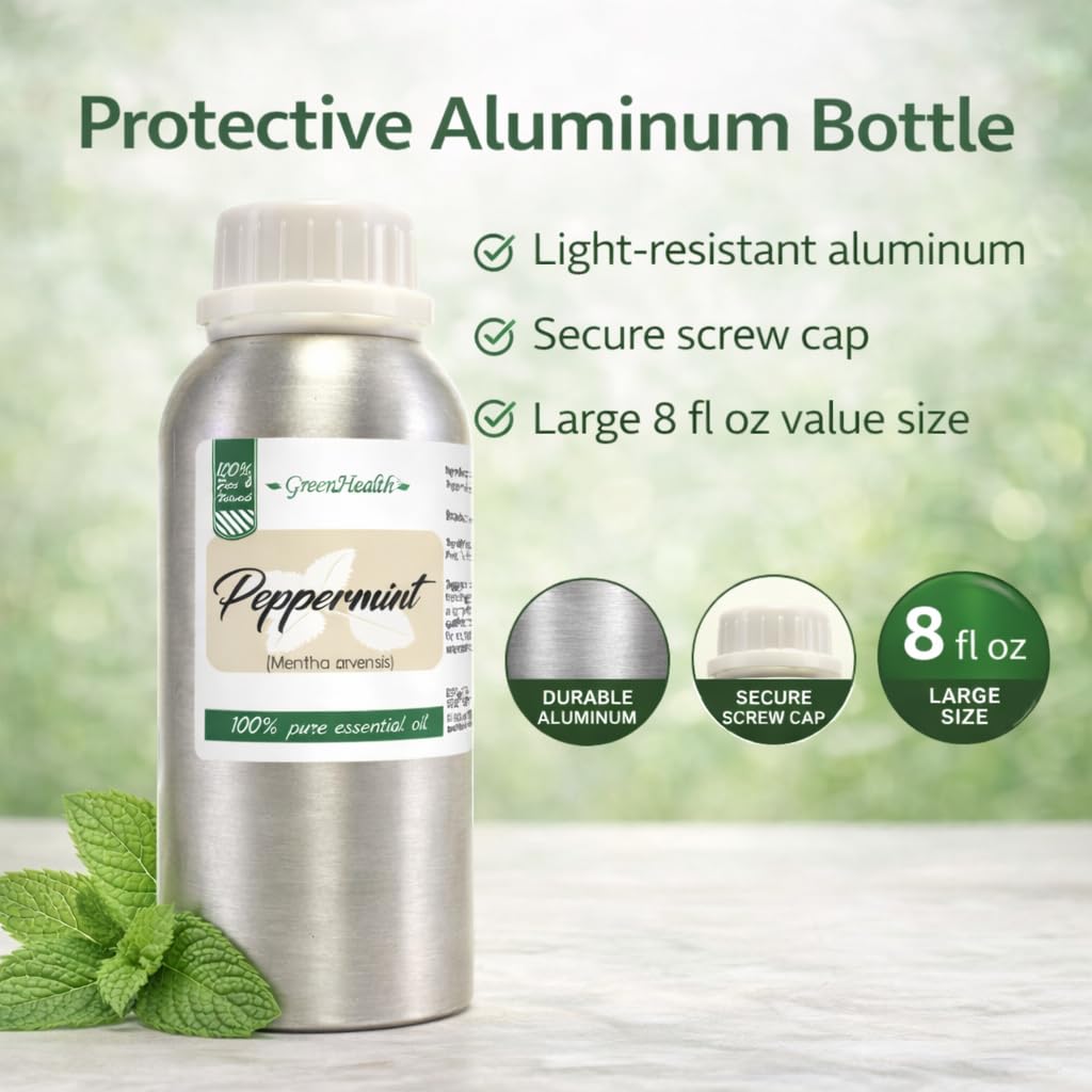 Peppermint Essential Oil – 8 fl oz (237 ml) Aluminum Bottle w/Plug Cap – 100% Pure Essential Oil – GreenHealth