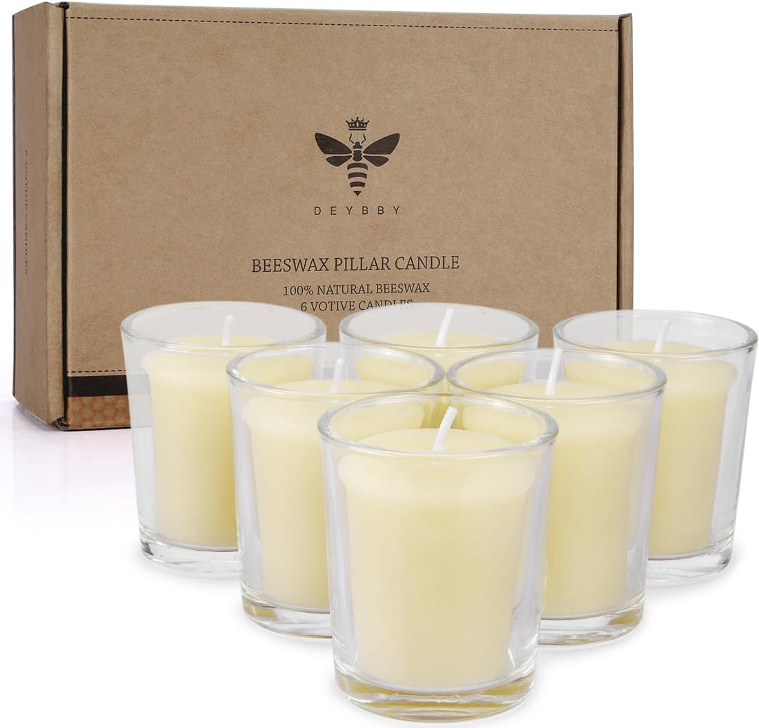 DEYBBY Ivory White Beeswax Votive Candles-6 Pack Natural Votives Set in Glass Jar for Home Room Decor Party Wedding Spa Gift,12 Hours Burn