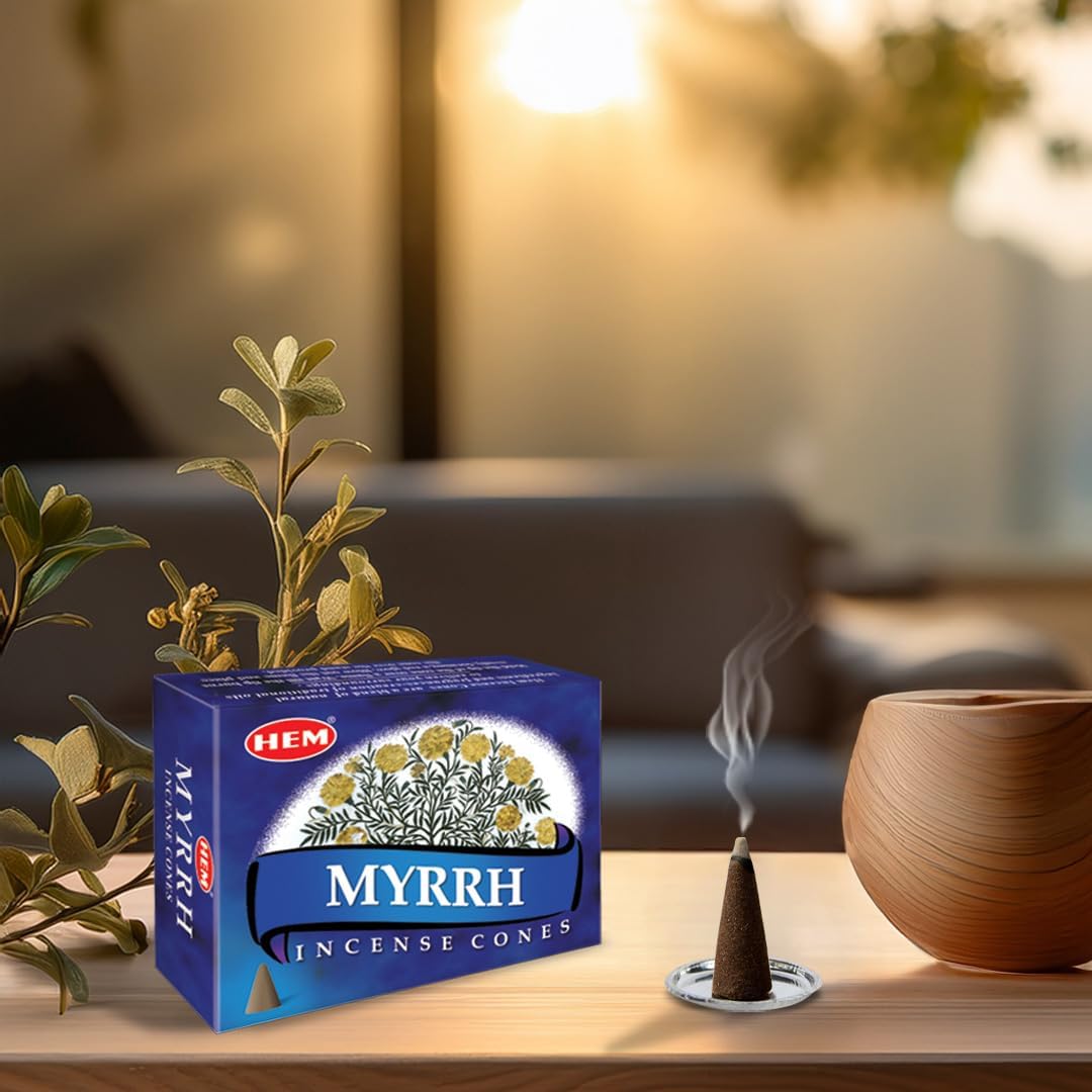 HEM Myrrh Incense Cones – Pack of 12 (Total 120 Cones) | Natural Long-Lasting Fragrance | Air Purifier & Stress Relief | Ideal for Meditation, Yoga & Positivity
