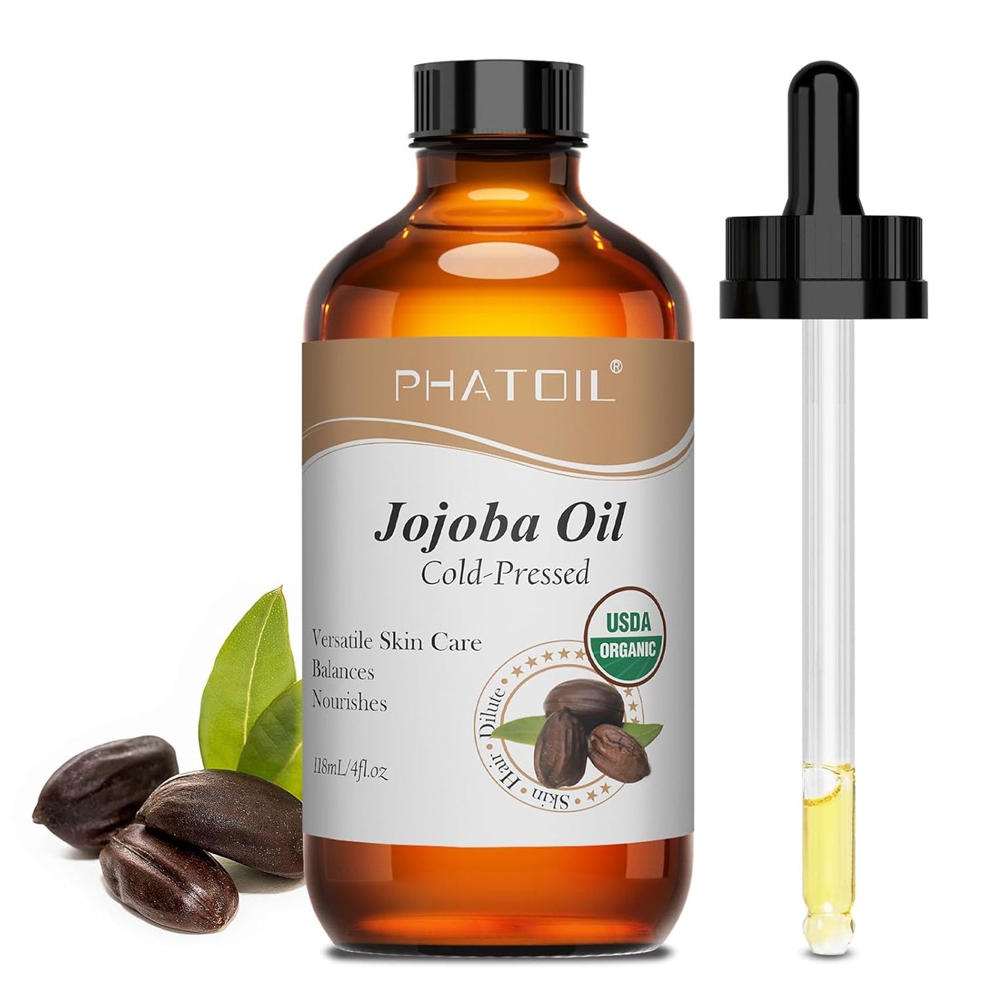 PHATOIL Organic Jojoba Oil Cold Pressed USDA Certified Premium Grade Jojoba Oil Deeply Moisturizing Carrier Oils for Skin, Body, Face, Nails and Hair Growth, Massage, Essential Oils Mixing(118ML)