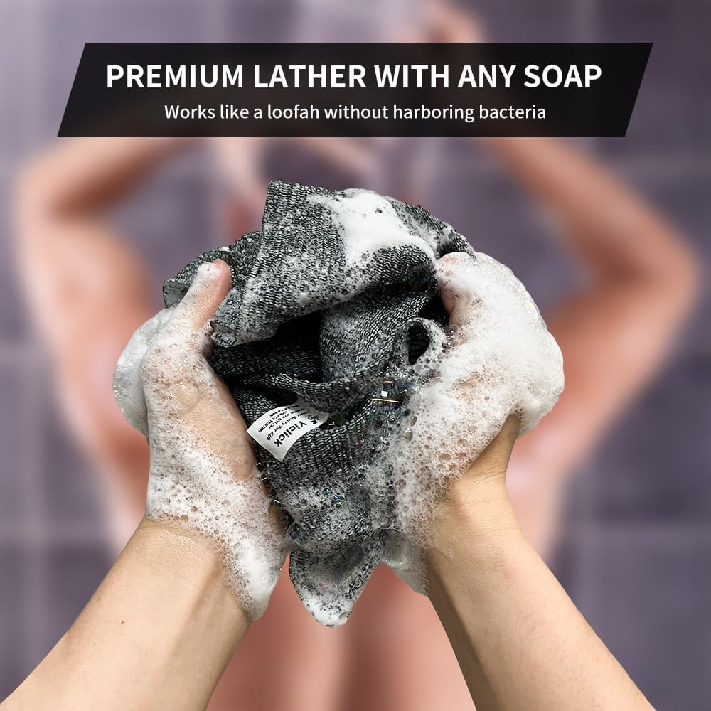 Yiclick Exfoliating Washcloth Towel, Japanese Exfoliating Bath Wash Cloth for Body Exfoliation, Korean Back Scrubber Washer for Shower, African Net Sponge Brush Loofah Exfoliator (Grey)