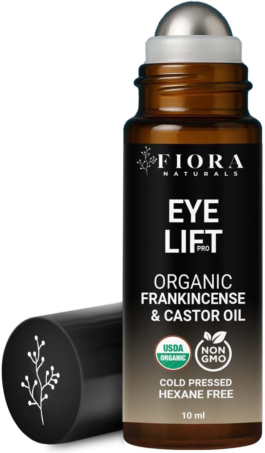 Organic Castor Oil and Frankincense Roll On – 100% Pure Hexane Free Eye Oil for Under Eye, Reduces Wrinkles, Dark Circles & Puffiness, Frankincense Essential Oil for Face Roller by Fiora Naturals