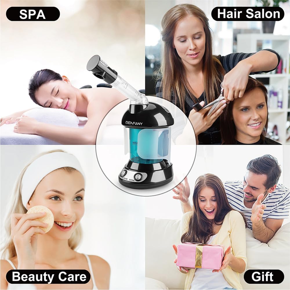 Facial Steamer - DENFANY Nano Ionic Face Steamer with Extendable 360° Rotating Arm - Portable Facial Steamer for Personal Care at Home or Salo （Black）