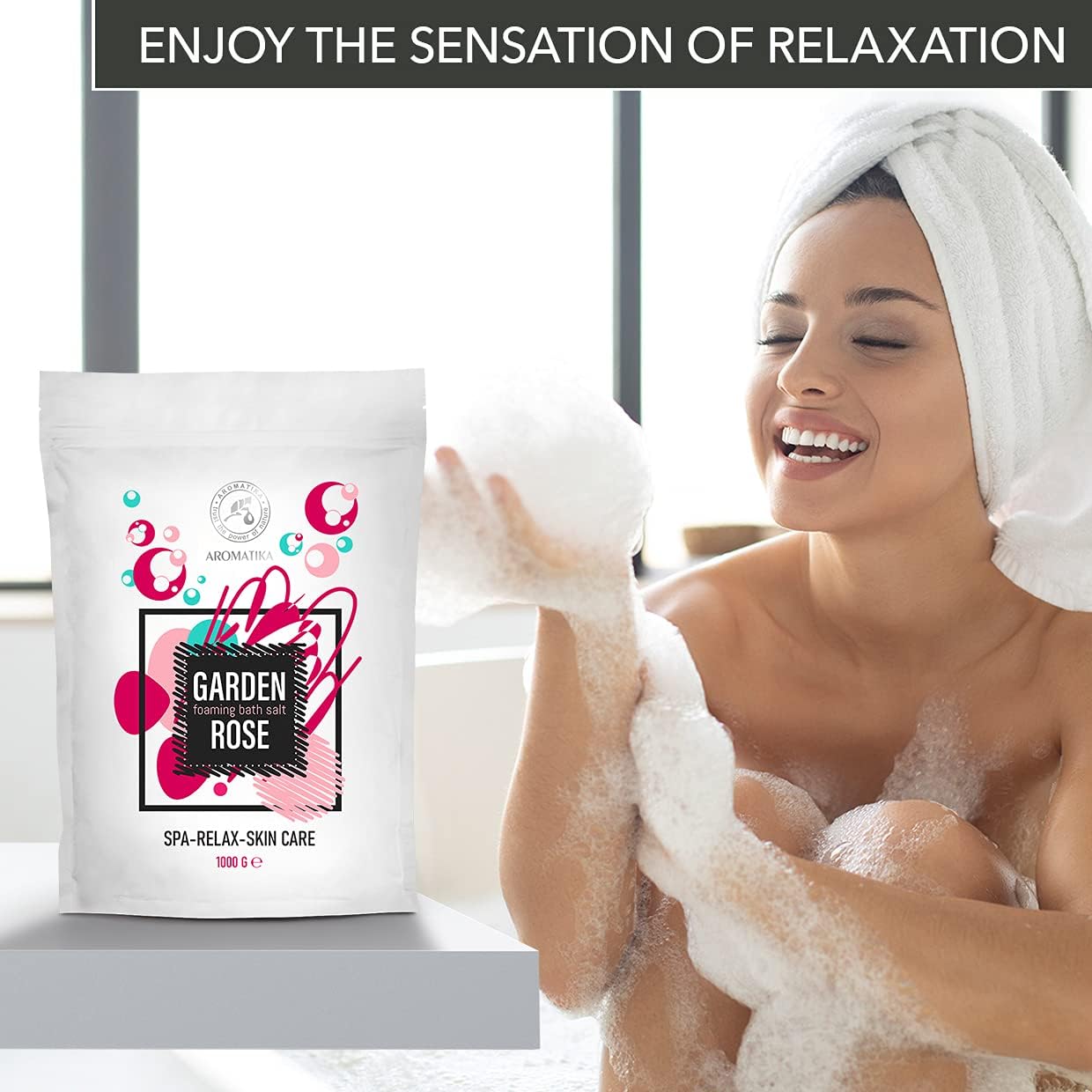 Foaming Bath Sea Salt Rose 35 Oz - 1000g - Bubble Bath Salts with Almond & Rosewood Essential Oil & Rosa Damascena Flower Extract for Bath Soak - Relaxing Bath - Aromatherapy Bath Salts